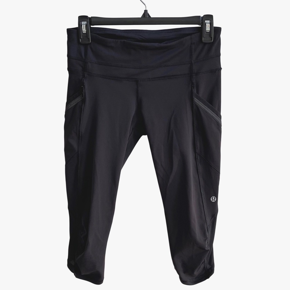 Lululemon Run Speed Crop Women 6 Black Athletic Leggings Ruched Pockets Workout